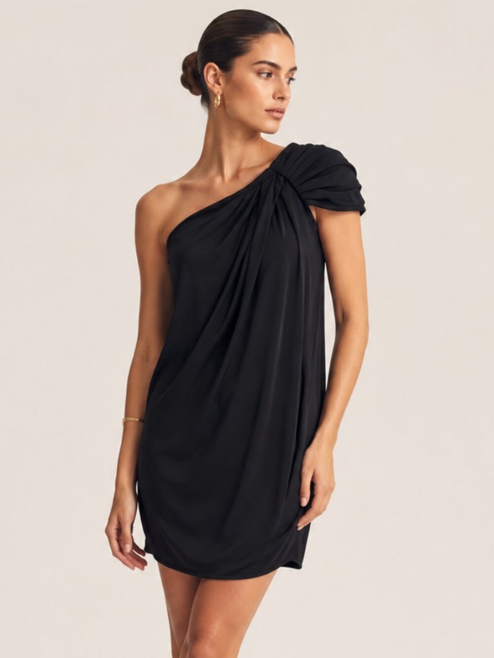 Black Halo One Shoulder Draped Layered Mini Dress